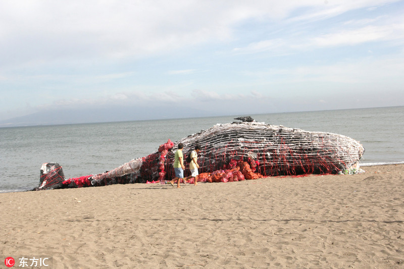 菲环保人士塑料垃圾打造巨型死鲸雕塑 呼吁关注海洋污染